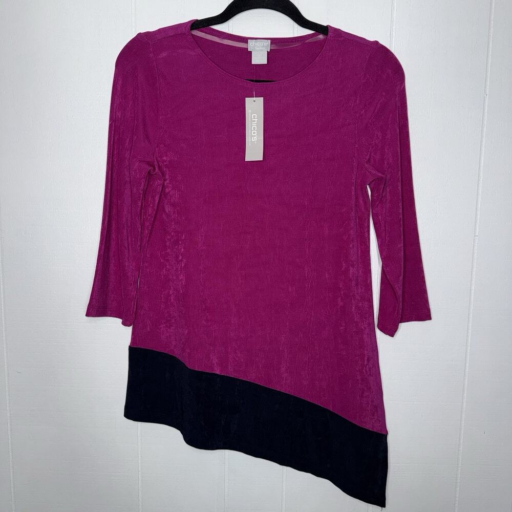 Chico’s Travelers Women’s Slinky Knit Colorblock Asymmetrical Tunic Top 00, 0/2
